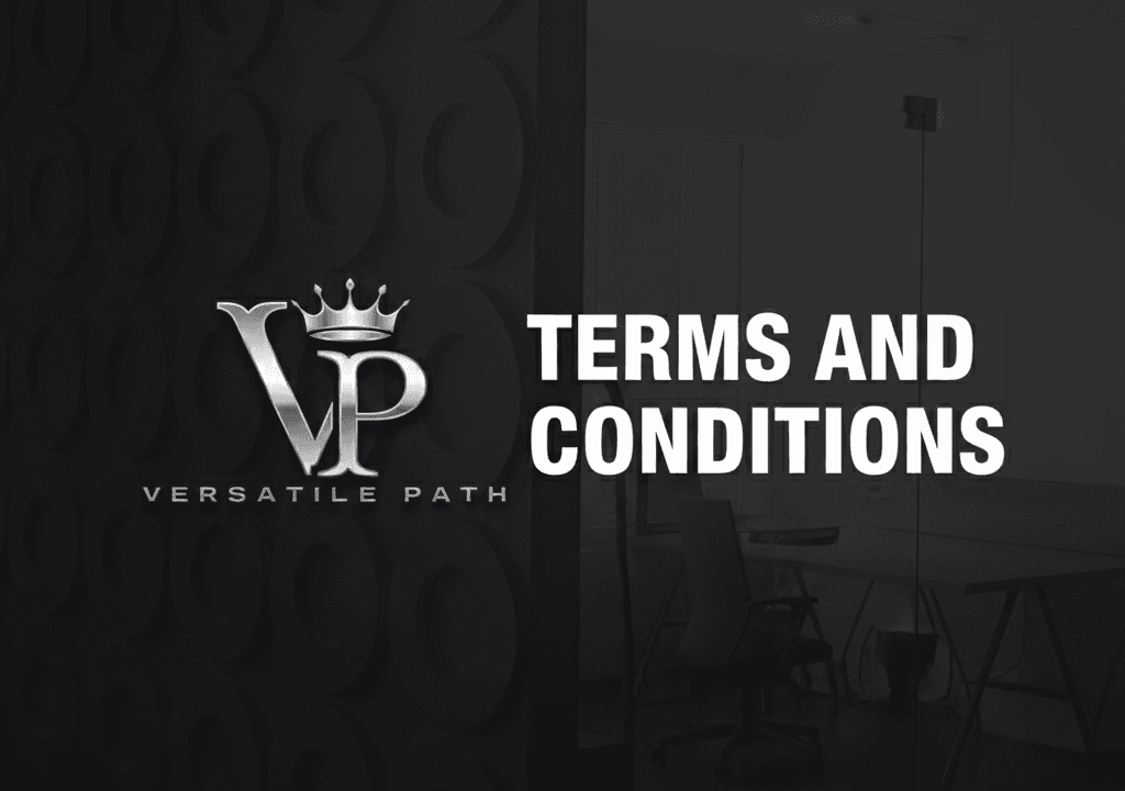 Professional Terms and Conditions banner for Versatile Path featuring the full white crown logo on a sleek, dark grey geometric background.
